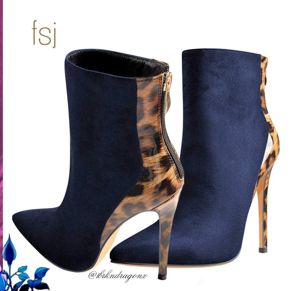 NWT Navy or Black Leopard Stilettos Two Tone Booties Polished Dress Booties - Picture 9 of 14